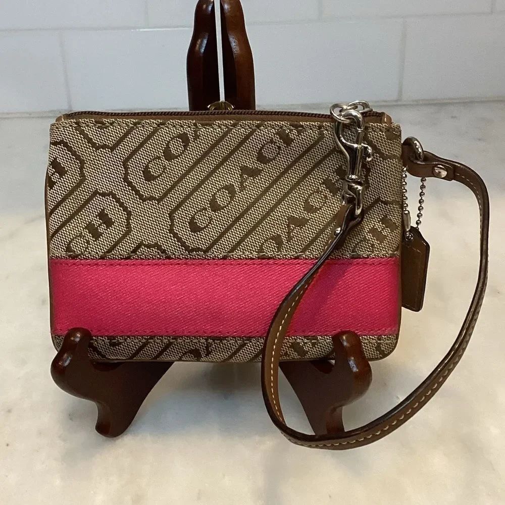 Coach Wristlet Bag Purse Signature Stripe Plaque Logo Canvas Pouch Wallet